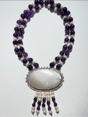 Pearl & Amethyst Statement Necklace with Mother-of-Pearl Pendant
